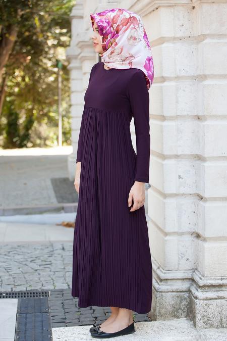 Nayla Collection - Pliseli Mürdüm Elbise - 2