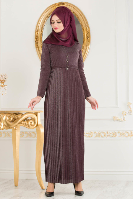 Nayla Collection - Pliseli Mürdüm Tesettür Elbise 8244MU