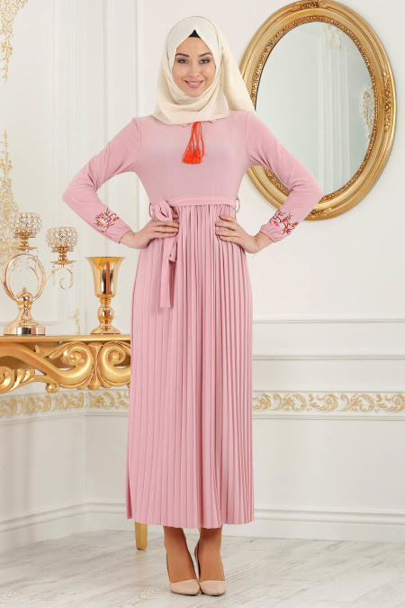 Nayla Collection - Pliseli Pudra Tesettür Elbise 5300PD