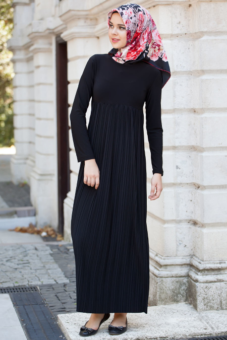 Nayla Collection - Pliseli Siyah Elbise
