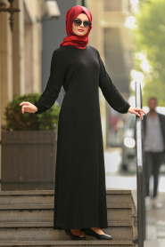 Nayla Collection - Pliseli Siyah Tesettür Elbise 22170S - Thumbnail