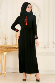 Nayla Collection - Pliseli Siyah Tesettür Elbise 5300S - Thumbnail