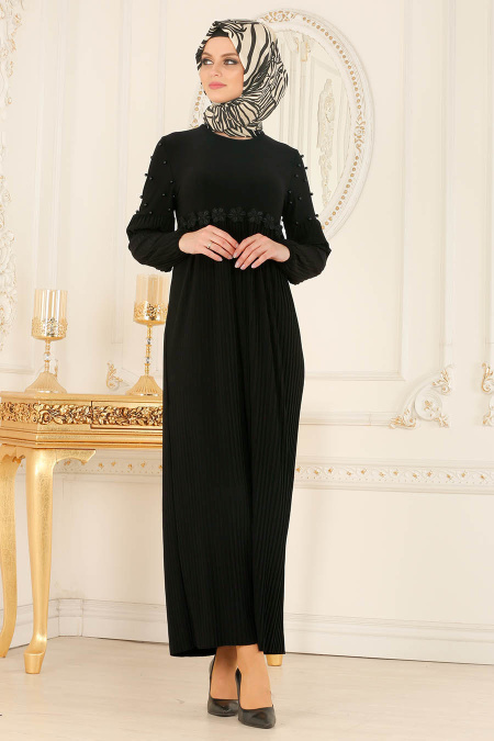 Nayla Collection - Pliseli Siyah Tesettür Elbise 537S