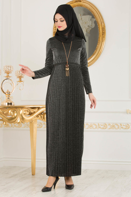 Nayla Collection - Pliseli Siyah Tesettür Elbise 8244S