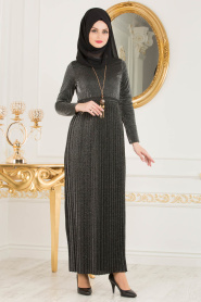 Nayla Collection - Pliseli Siyah Tesettür Elbise 8244S - Thumbnail