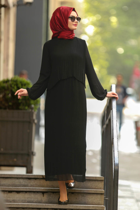 Nayla Collection - Pliseli Siyah Tesettür Elbise 9103S