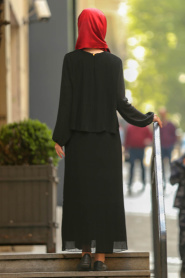 Nayla Collection - Pliseli Siyah Tesettür Elbise 9103S - Thumbnail