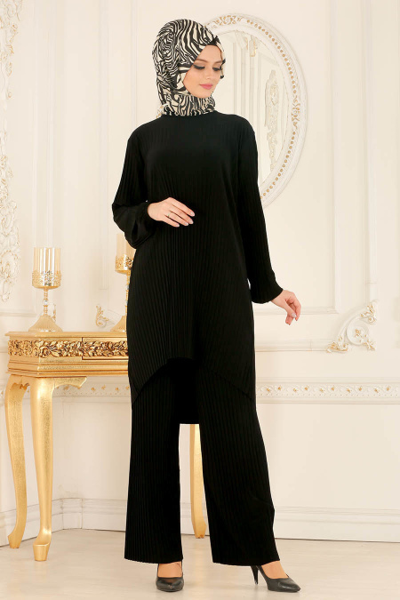 Nayla Collection - Pliseli Siyah Tunik / Pantolon Tesettür Takım 560S