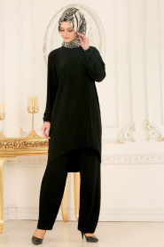 Nayla Collection - Pliseli Siyah Tunik / Pantolon Tesettür Takım 560S - Thumbnail