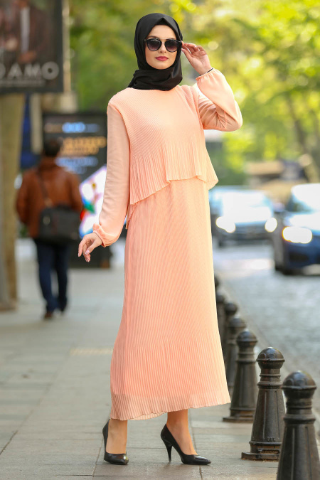 Nayla Collection - Pliseli Somon Tesettür Elbise 9103SMN