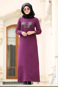 Nayla Collection - Plum Color Hijab Coat 80260MU - Thumbnail