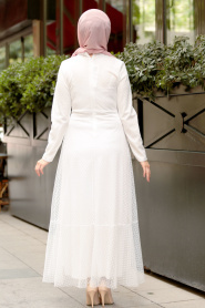 Nayla Collection - Puantiyeli Beyaz Tesettür Elbise 50141B - Thumbnail