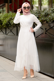 Nayla Collection - Puantiyeli Beyaz Tesettür Elbise 50141B - Thumbnail