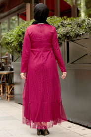 Nayla Collection - Puantiyeli Bordo Tesettür Elbise 50141BR - Thumbnail