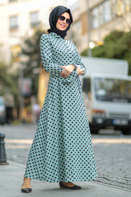 Nayla Collection - Puantiyeli Çağla Yeşili Tesettür Elbise 39051CY