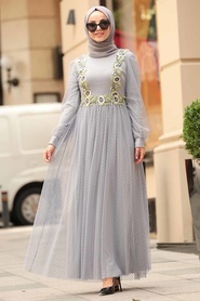 Nayla Collection - Puantiyeli Gri Tesettür Elbise 1325GR - Thumbnail