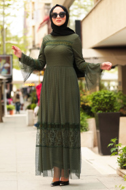 Nayla Collection - Puantiyeli Haki Tesettür Elbise 10353HK - Thumbnail