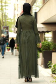 Nayla Collection - Puantiyeli Haki Tesettür Elbise 10353HK - Thumbnail