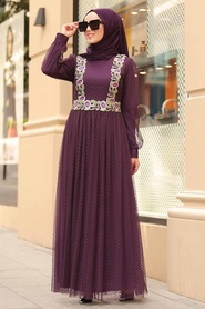 Nayla Collection - Puantiyeli Mürdüm Tesettür Elbise 1325MU - Thumbnail