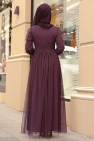 Nayla Collection - Puantiyeli Mürdüm Tesettür Elbise 1325MU - Thumbnail