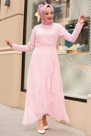 Nayla Collection - Puantiyeli Pembe Tesettür Elbise 50141P - Thumbnail