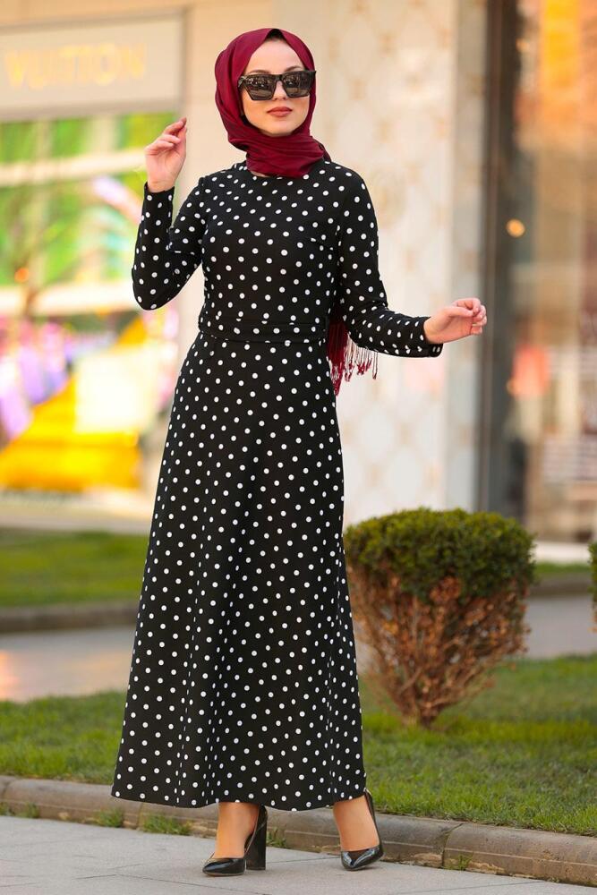 Nayla Collection - Puantiyeli Siyah Tesettür Elbise 10171S - 1