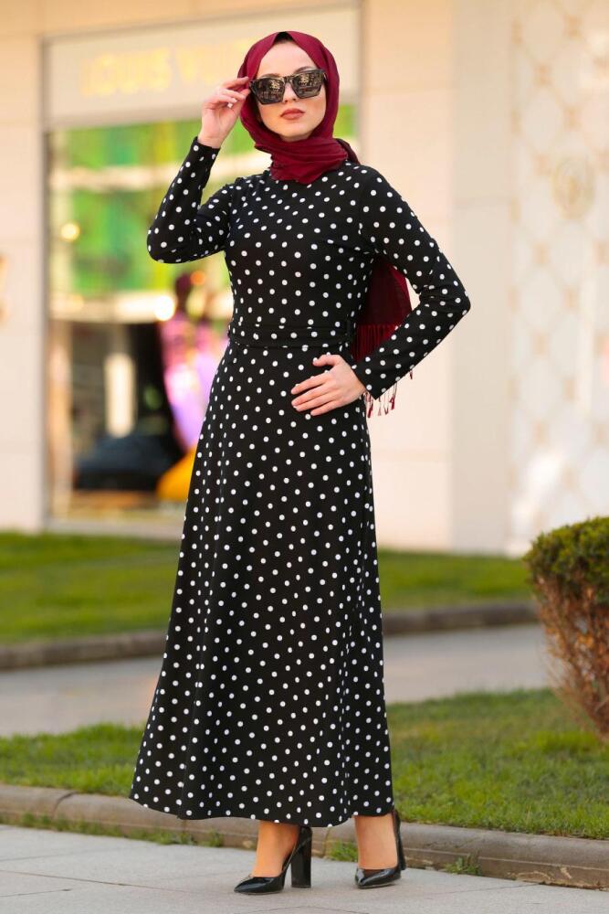 Nayla Collection - Puantiyeli Siyah Tesettür Elbise 10171S - 2