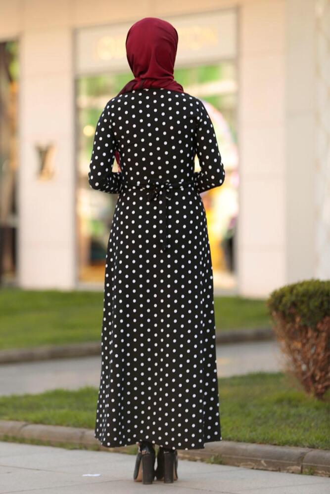 Nayla Collection - Puantiyeli Siyah Tesettür Elbise 10171S - 3