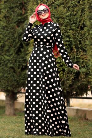 Nayla Collection - Puantiyeli Siyah Tesettür Elbise 1211S - 1