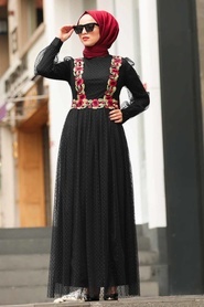 Nayla Collection - Puantiyeli Siyah Tesettür Elbise 1325S - Thumbnail