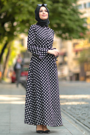 Nayla Collection - Puantiyeli Siyah Tesettür Elbise 39051S - Thumbnail