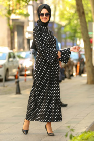 Nayla Collection - Puantiyeli Siyah Tesettür Elbise 877S - Thumbnail