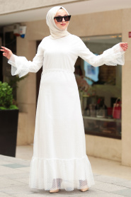 Nayla Collection - Puantiyeli Tüllü Beyaz Tesettür Elbise 42721B - Thumbnail