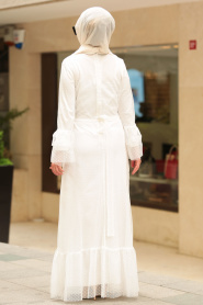 Nayla Collection - Puantiyeli Tüllü Beyaz Tesettür Elbise 42721B - Thumbnail