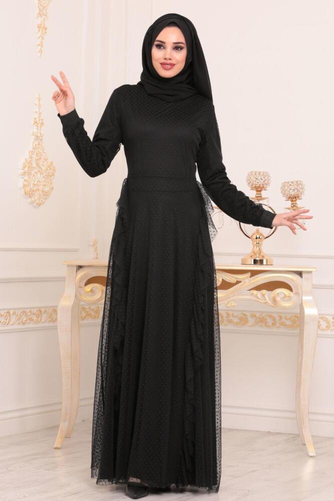 Nayla Collection - Puantiyeli Tüllü Siyah Tesettür Elbise 42680S - 1