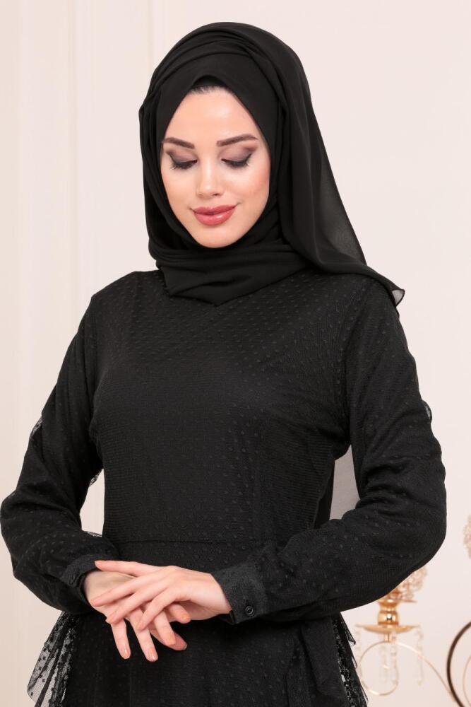Nayla Collection - Puantiyeli Tüllü Siyah Tesettür Elbise 42680S - 2