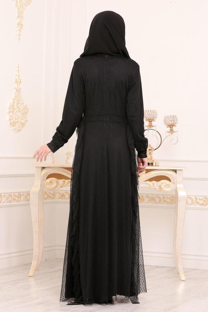 Nayla Collection - Puantiyeli Tüllü Siyah Tesettür Elbise 42680S - 3