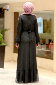 Nayla Collection - Puantiyeli Tüllü Siyah Tesettür Elbise 42721S - Thumbnail