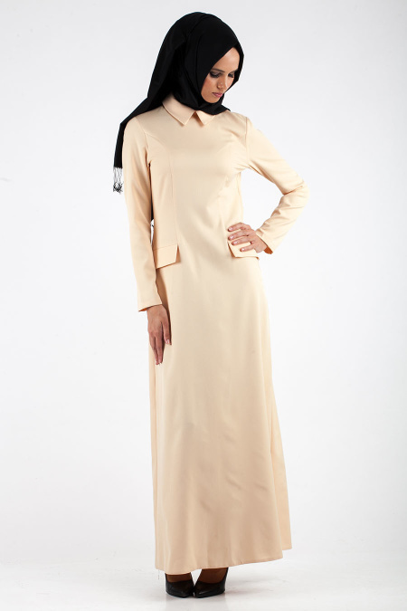 Nayla Collection - Cep Görünümlü Pudra Tesettür Elbise 7079PD