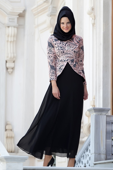 Nayla Collection - Pudra / Siyah Tesettür Elbise 4047P