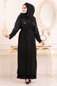 Nayla Collection - Pul İşlemeli Siyah Tesettür Abaya 9569S - Thumbnail
