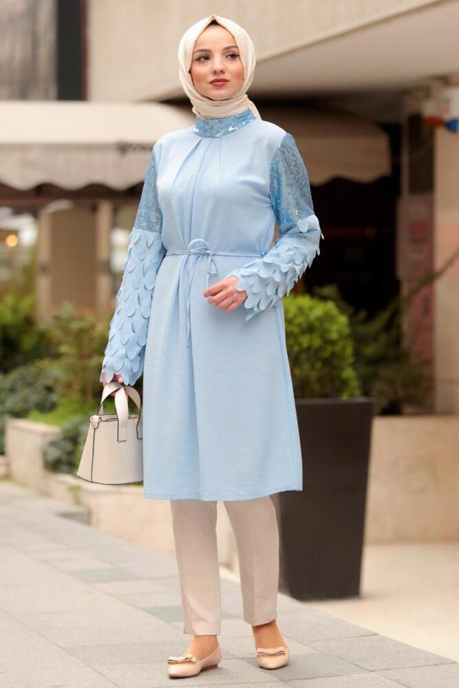 Nayla Collection - Pul Payetli Bebek Mavisi Tesettür Tunik 4060BM - 1