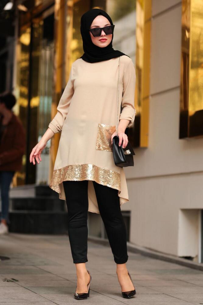 Nayla Collection - Pul Payetli Bej Tesettür Tunik 40090BEJ - 2