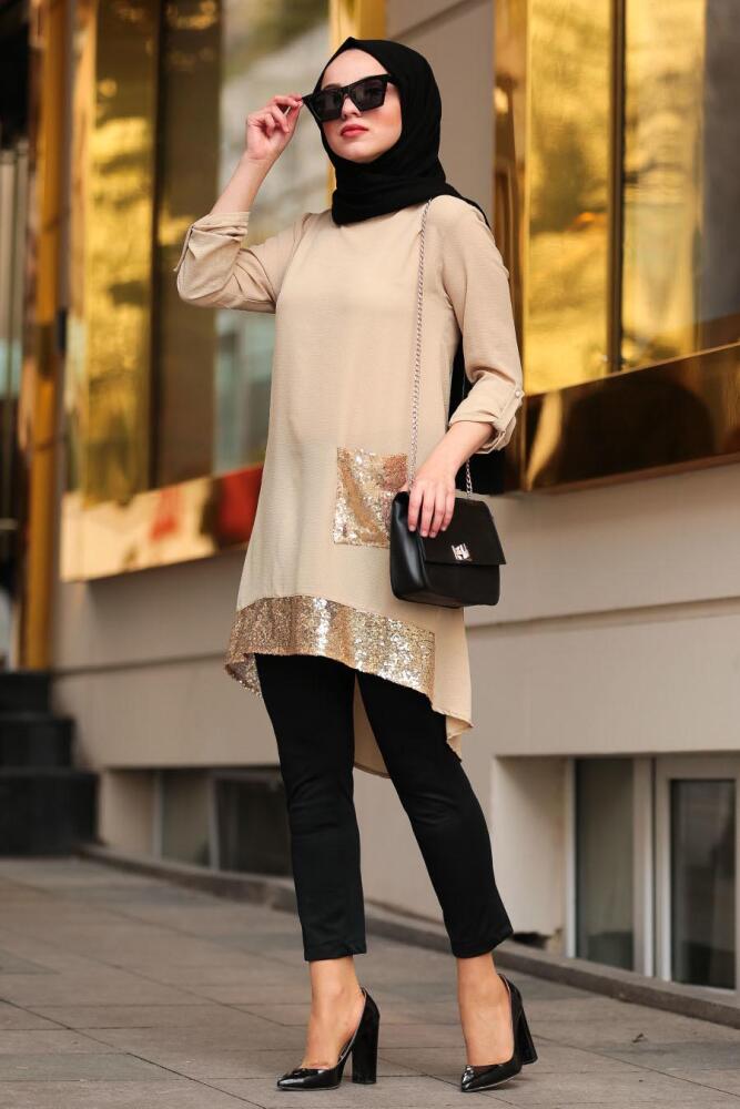 Nayla Collection - Pul Payetli Bej Tesettür Tunik 40090BEJ - 3
