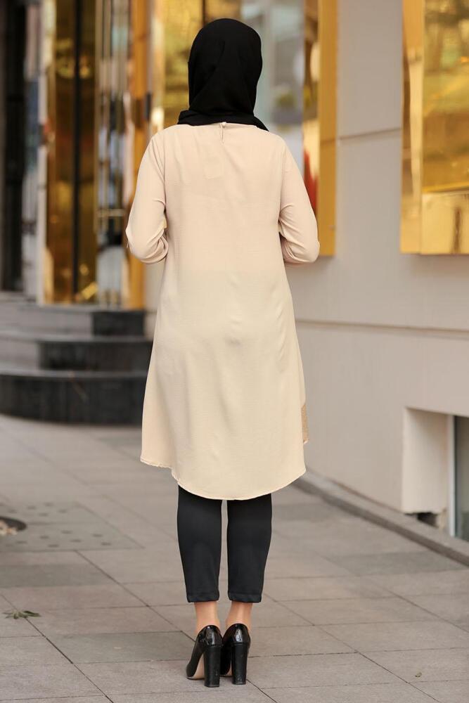 Nayla Collection - Pul Payetli Bej Tesettür Tunik 40090BEJ - 4