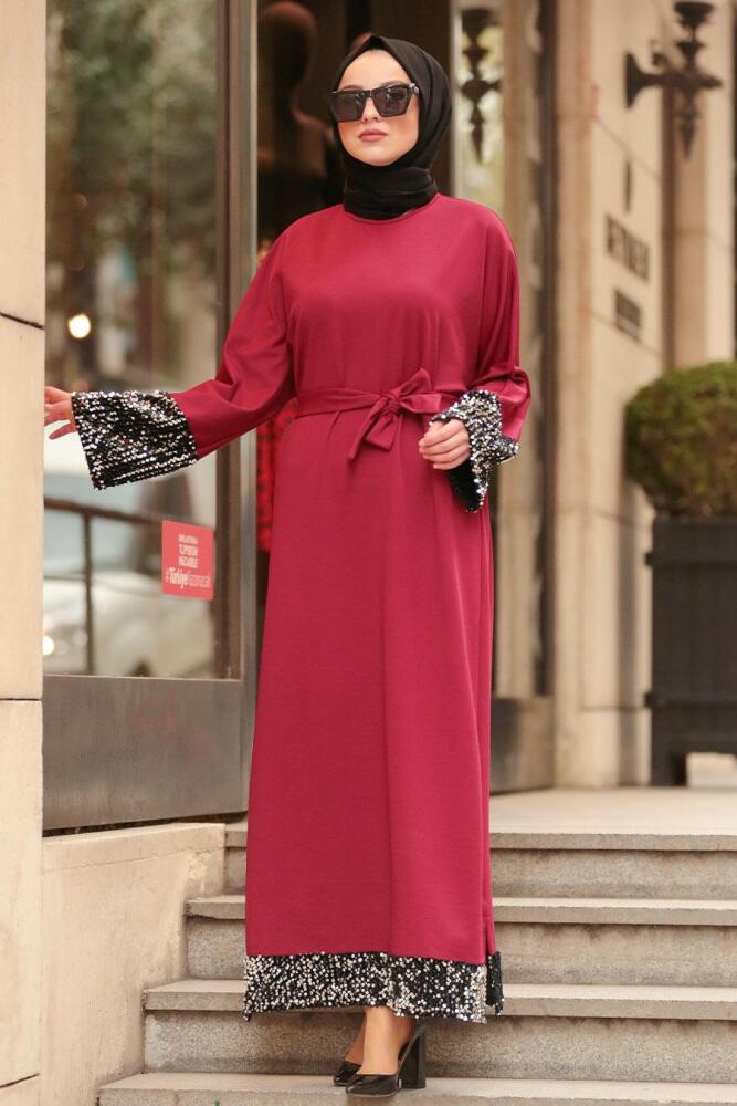 Nayla Collection - Pul Payetli Bordo Tesettür Elbise 2214BR - 1