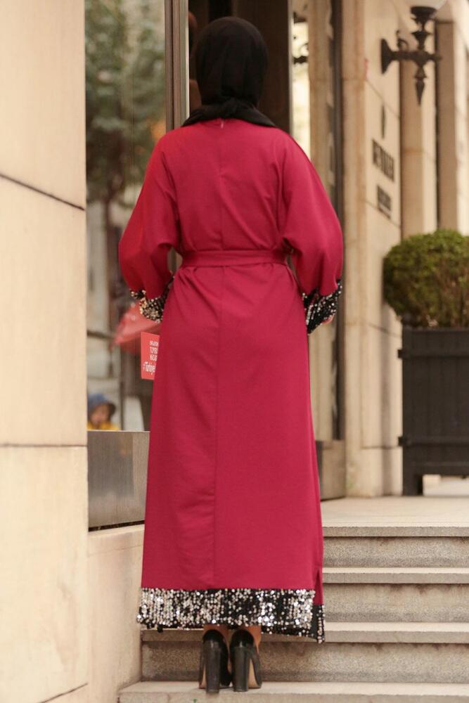 Nayla Collection - Pul Payetli Bordo Tesettür Elbise 2214BR - 2