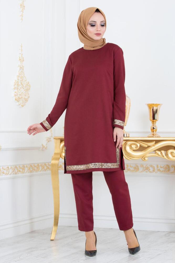 Nayla Collection - Pul Payetli Bordo Tunik/Pantolon Tesettür Takım 5417BR - 1