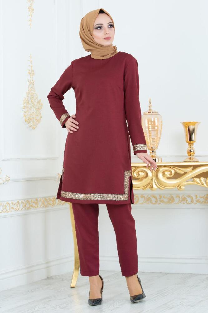 Nayla Collection - Pul Payetli Bordo Tunik/Pantolon Tesettür Takım 5417BR - 2