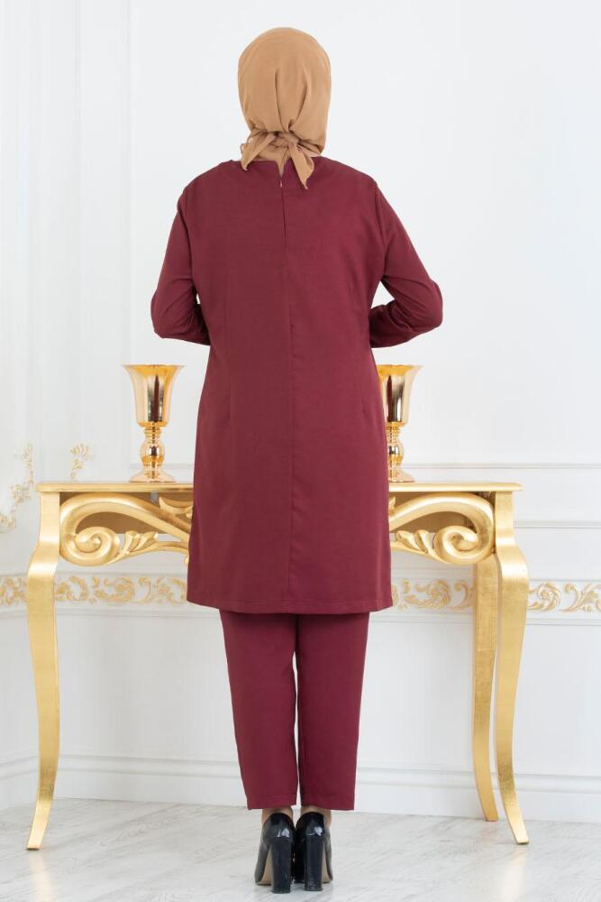 Nayla Collection - Pul Payetli Bordo Tunik/Pantolon Tesettür Takım 5417BR - 3